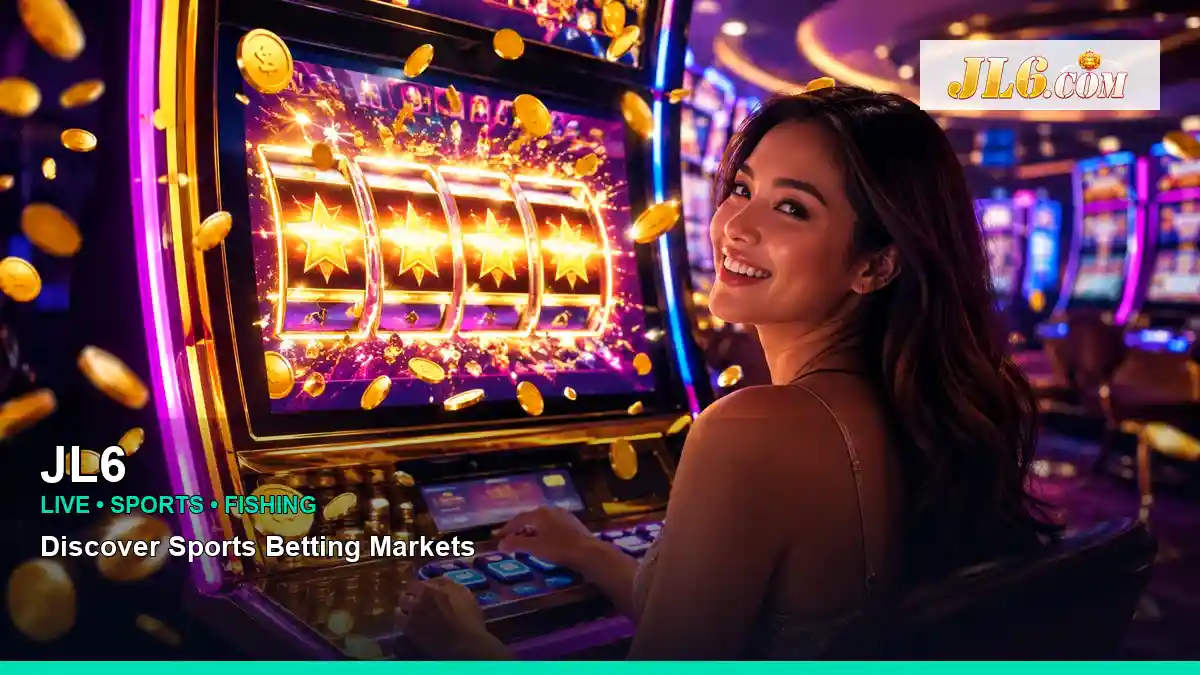 JL6 jackpot slot games featuring an adult Filipina casino host with a celebratory composition